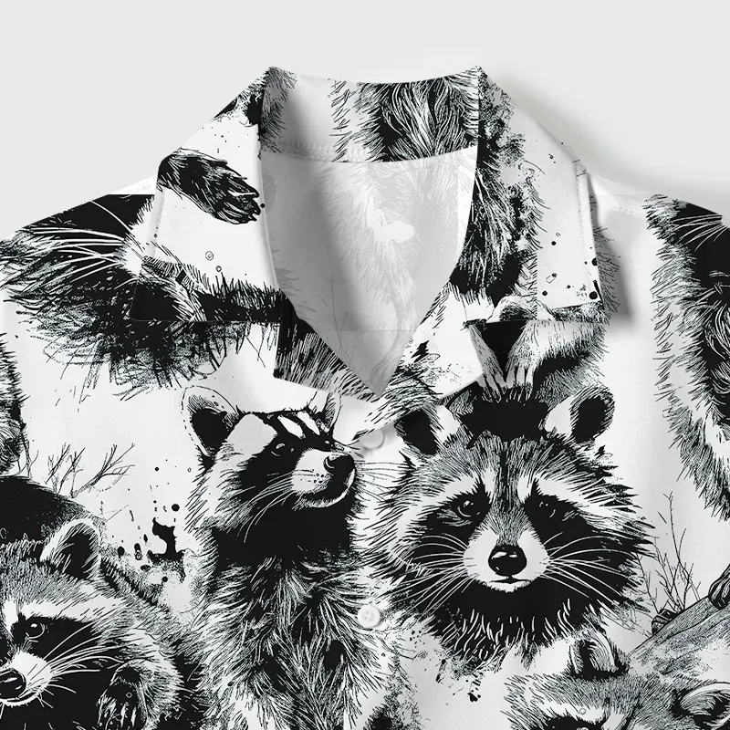 Tokyo-Tiger Playful Raccoon White Cuban Collar Shirt