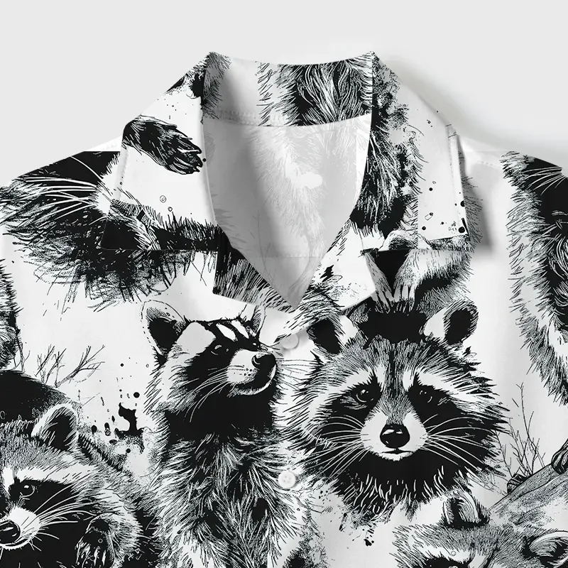 Tokyo-Tiger Playful Raccoon White Cuban Collar Shirt