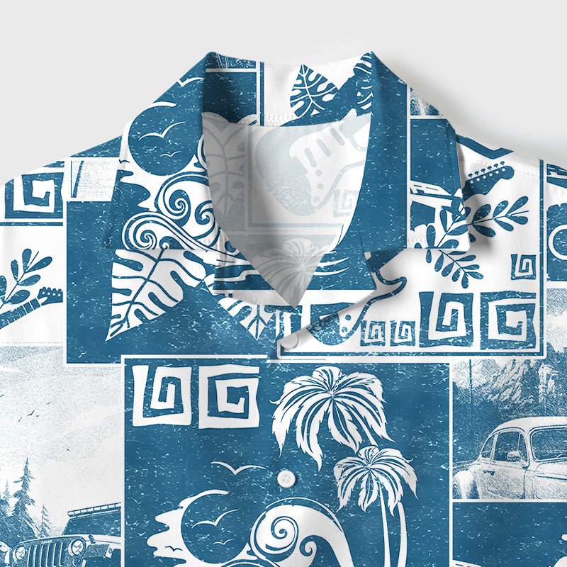 Tokyo-Tiger Tropical Island Collage Cuban Collar Shirt