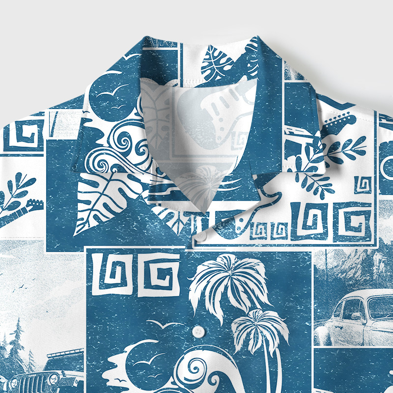 Tokyo-Tiger Tropical Island Collage Cuban Collar Shirt