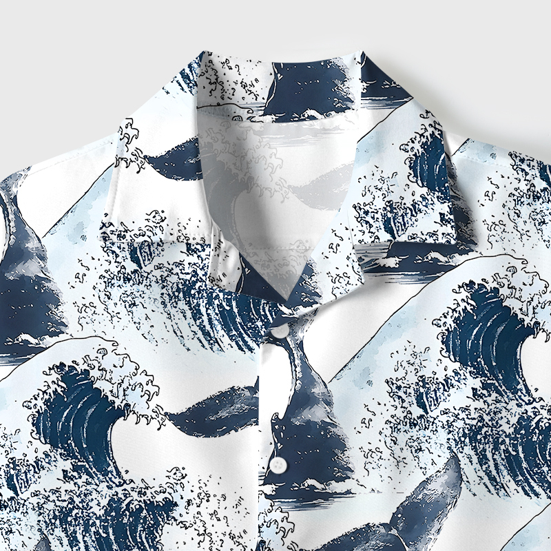 Tokyo-Tiger Whale Tail Wave Art Cuban Collar Shirt