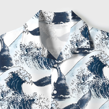 Tokyo-Tiger Whale Tail Wave Art Cuban Collar Shirt