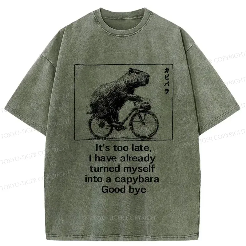 Tokyo-Tiger Funny Capybara Riding A Bicycle Washed T-Shirt