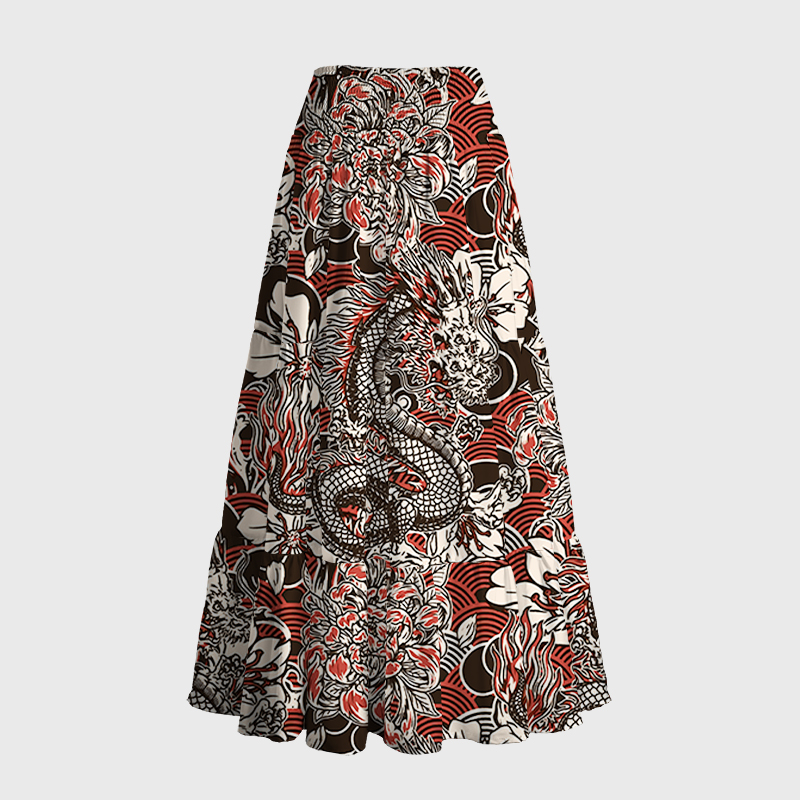 Tokyo-Tiger Japanese Retro Dragon Maxi Skirt
