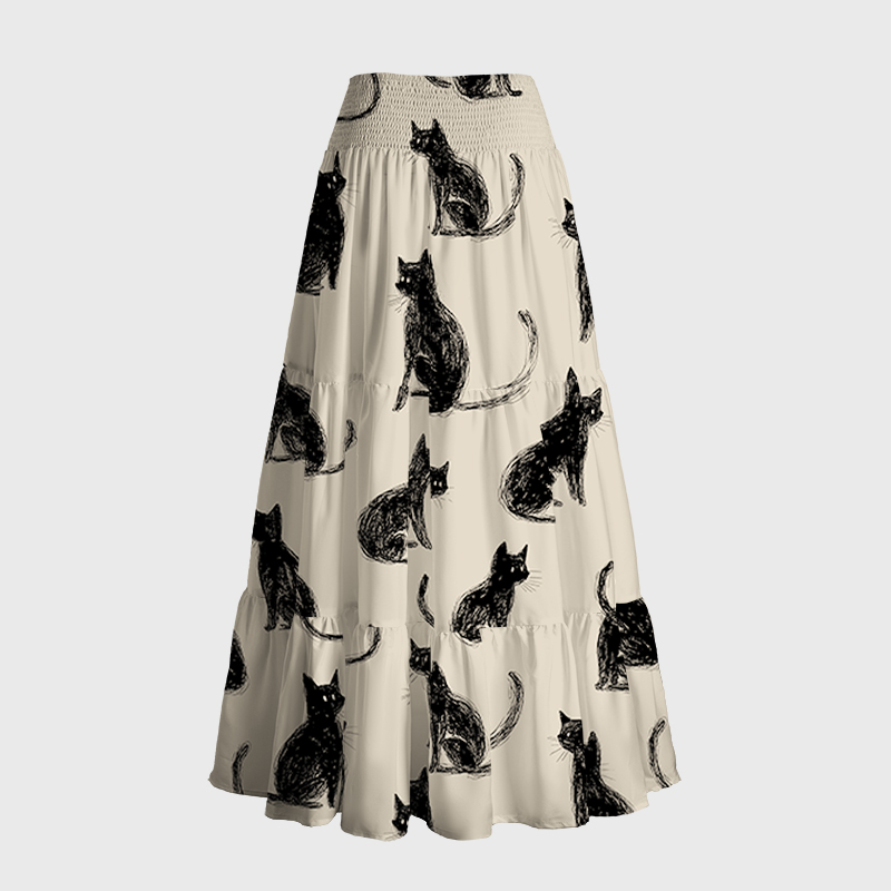Tokyo-Tiger Black Cat Beige Maxi Skirt