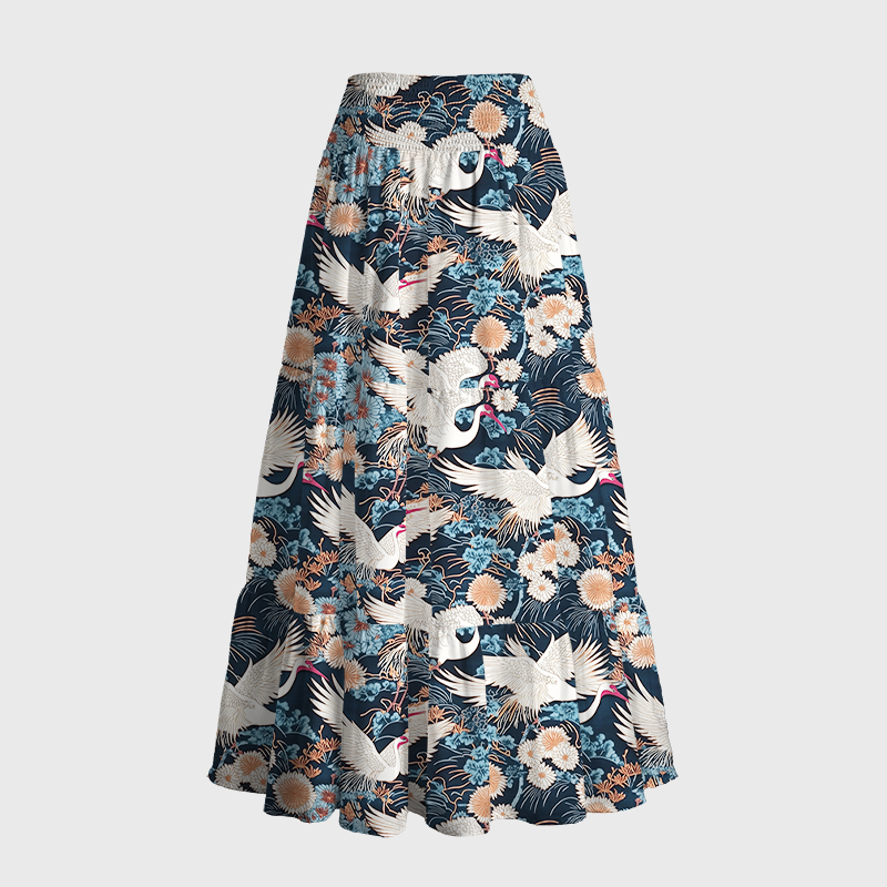 Tokyo-Tiger Cranes And Chrysanthemums Maxi Skirt