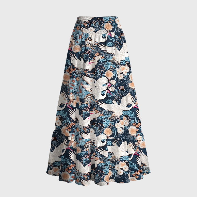 Tokyo-Tiger Cranes And Chrysanthemums Maxi Skirt