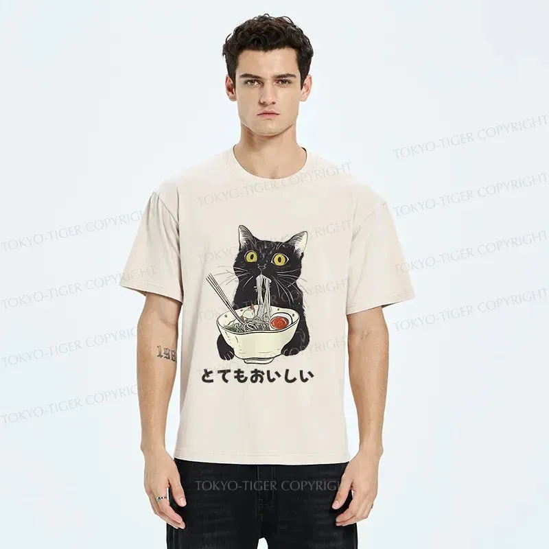 Tokyo-Tiger Cats Eat Ramen Noodles Washed T-Shirt