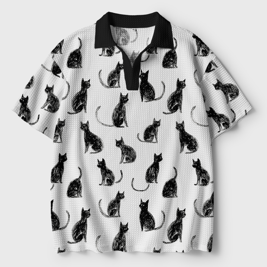 Tokyo-Tiger Black Cat White Crochet Polo Shirt