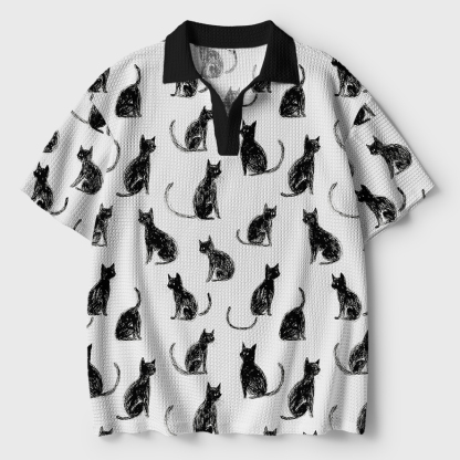 Tokyo-Tiger Black Cat White Crochet Polo Shirt