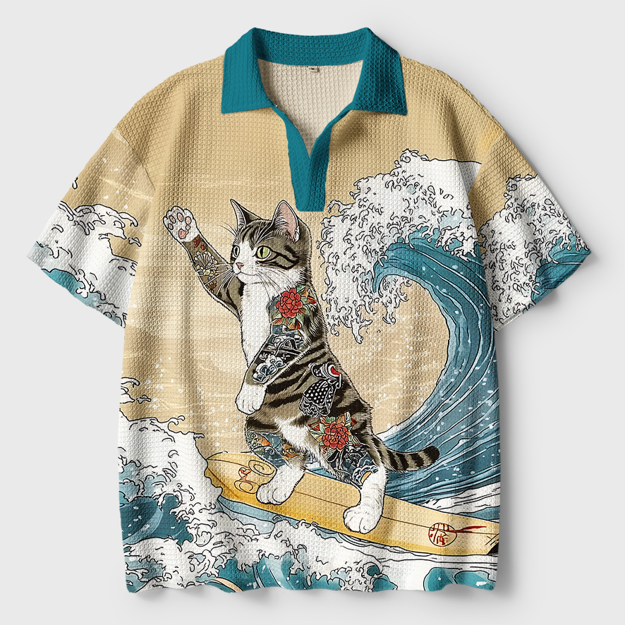 Tokyo-Tiger Cat Surfing Crochet Polo Shirt
