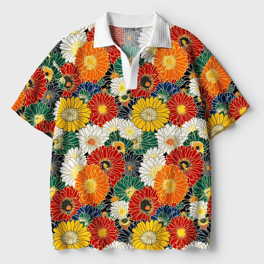 Tokyo-Tiger Colorful Chrysanthemums Crochet Polo Shirt