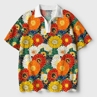 Tokyo-Tiger Colorful Chrysanthemums Crochet Polo Shirt