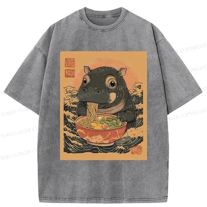 Tokyo-Tiger Moo Deng Eat Ramen Washed T-Shirt