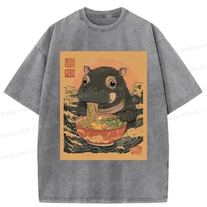 Tokyo-Tiger Moo Deng Eat Ramen Washed T-Shirt