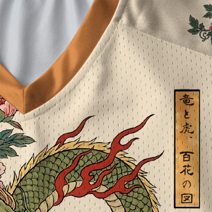 Tokyo-Tiger Dragon Tiger Wealth Peonies Paneled Long Sleeve Jersey