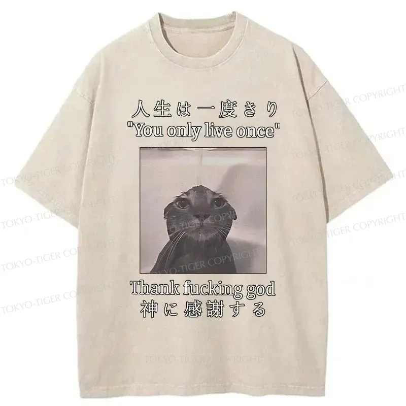 Tokyo-Tiger Funny Melancholy Cat Washed T-Shirt