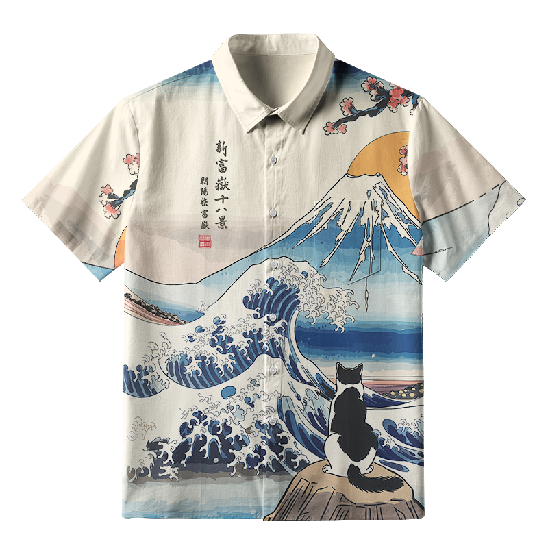 Tokyo-Tiger Cat Looking At The Great Wave Button-up Shirt Sale