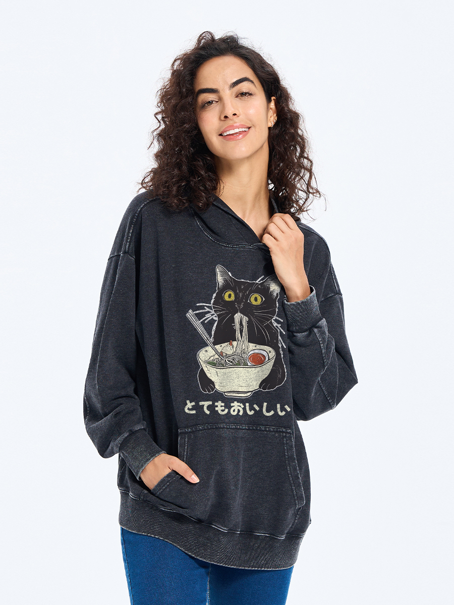 Tokyo-Tiger Cats Eat Ramen Noodles Washed Hoodie