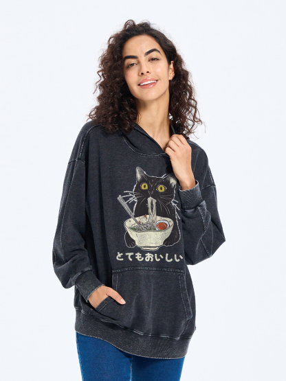 Tokyo-Tiger Cats Eat Ramen Noodles Washed Hoodie