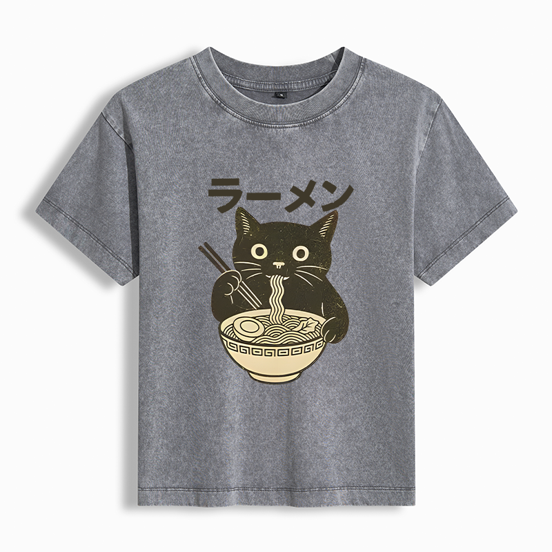 Tokyo-Tiger Simple Black Cat Eating Ramen Women's Washed T-shirt