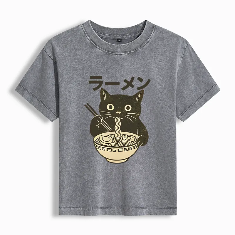 Tokyo-Tiger Simple Black Cat Eating Ramen Women's Washed T-Shirt Sale