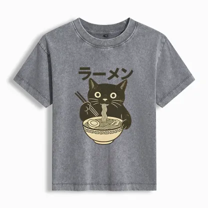 Tokyo-Tiger Simple Black Cat Eating Ramen Women's Washed T-shirt