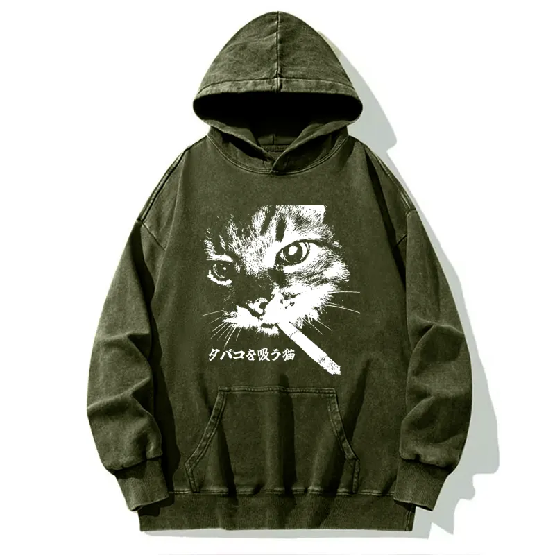 Tokyo-Tiger Retro Cat Smoking Washed Hoodie