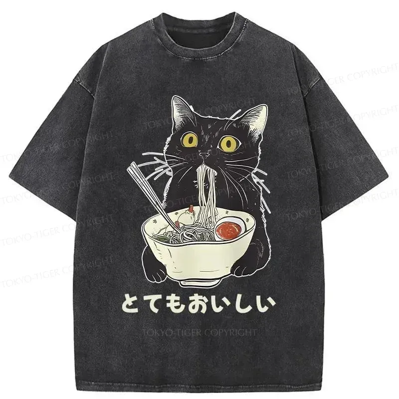 Tokyo-Tiger Cats Eat Ramen Noodles Washed T-Shirt