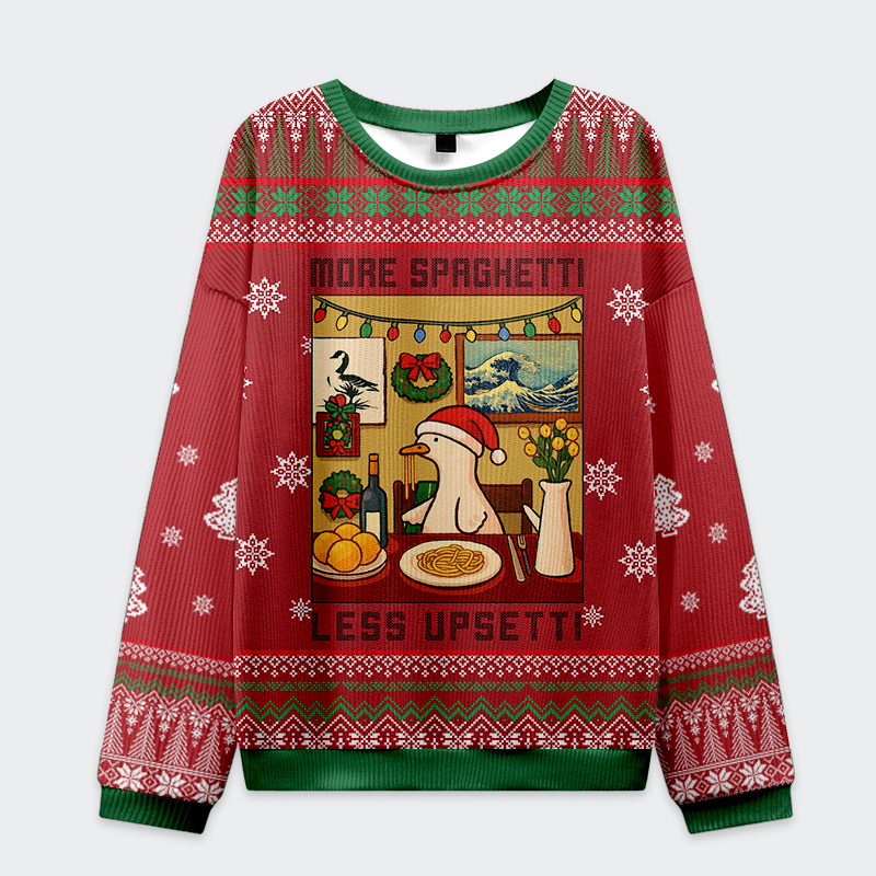 Tokyo-Tiger Goose Less Upsetti, More Spaghetti – The Holiday Mantra Ugly Sweatshirt