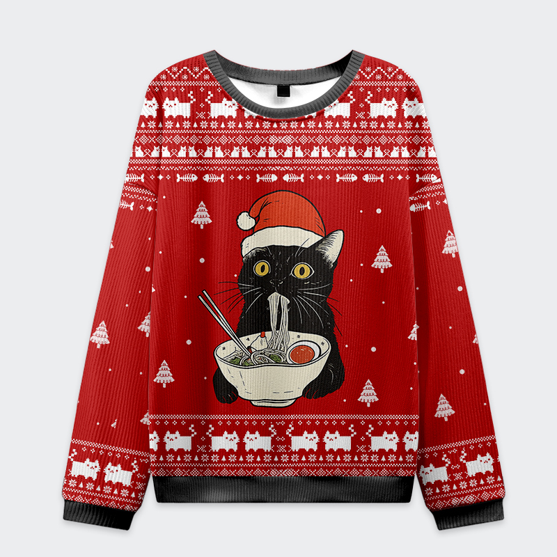 Tokyo-Tiger Funny Taking a Cat to Eat Ramen Christmas Ugly Sweater Sale