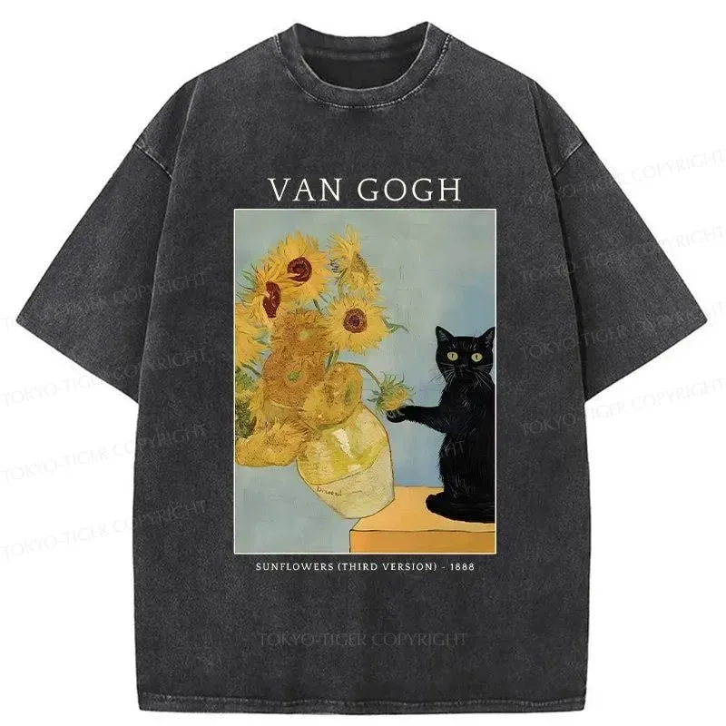 Tokyo-Tiger Black Cat With Sunflowers Washed T-Shirt