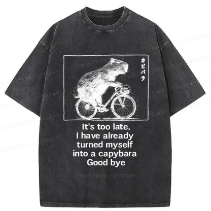 Tokyo-Tiger Funny Capybara Riding A Bicycle Washed T-Shirt