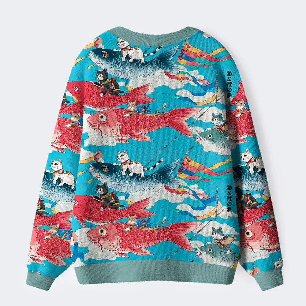 Tokyo-Tiger Cats And Japanese Carp Flags: A Dreamy Flight Ugly Cardigan Sweater