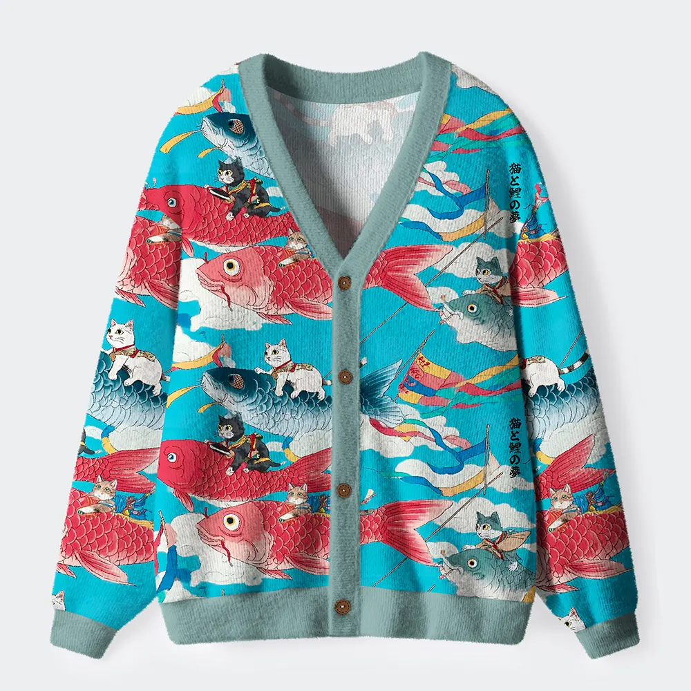 Tokyo-Tiger Cats And Japanese Carp Flags: A Dreamy Flight Ugly Cardigan Sweater