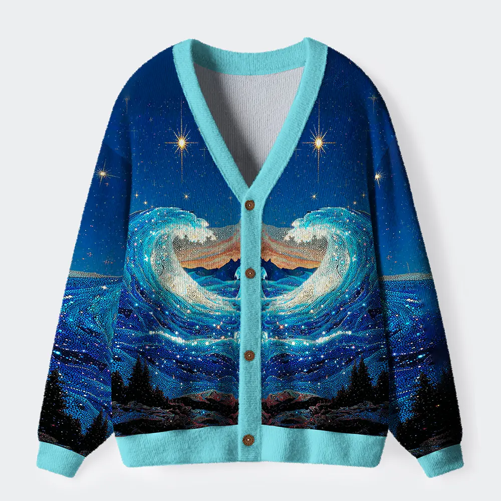 Tokyo-Tiger The Great Wave In Ukiyo-e Style Ugly Cardigan Sweater