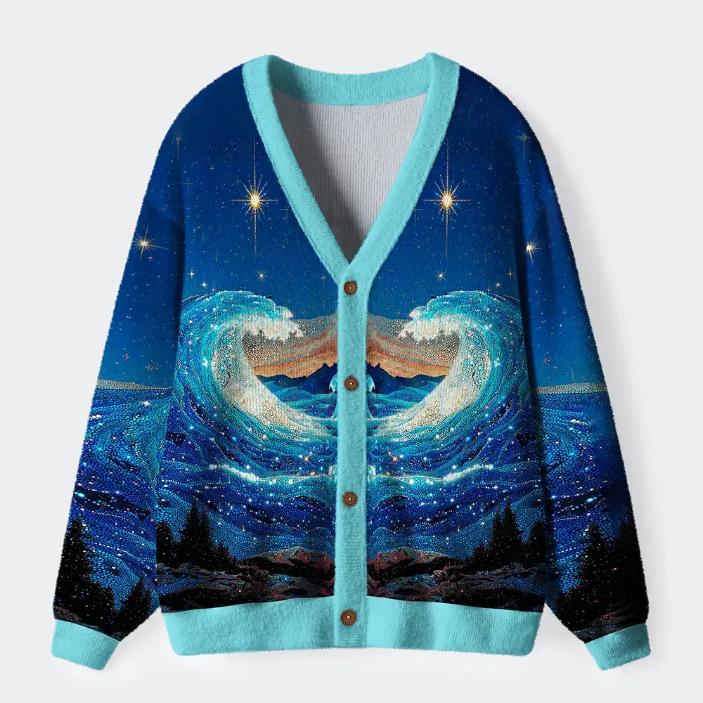 Tokyo-Tiger The Great Wave In Ukiyo-e Style Ugly Cardigan Sweater