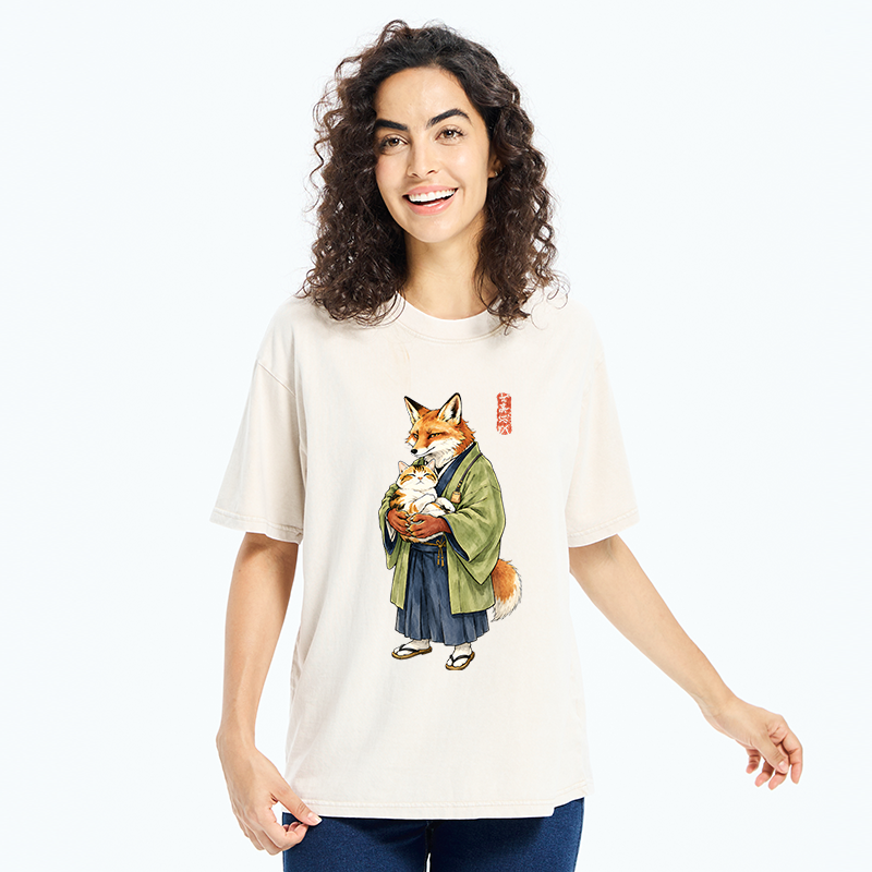 Tokyo‑Tiger Kimono Fox Holding Cat Washed T‑Shirt