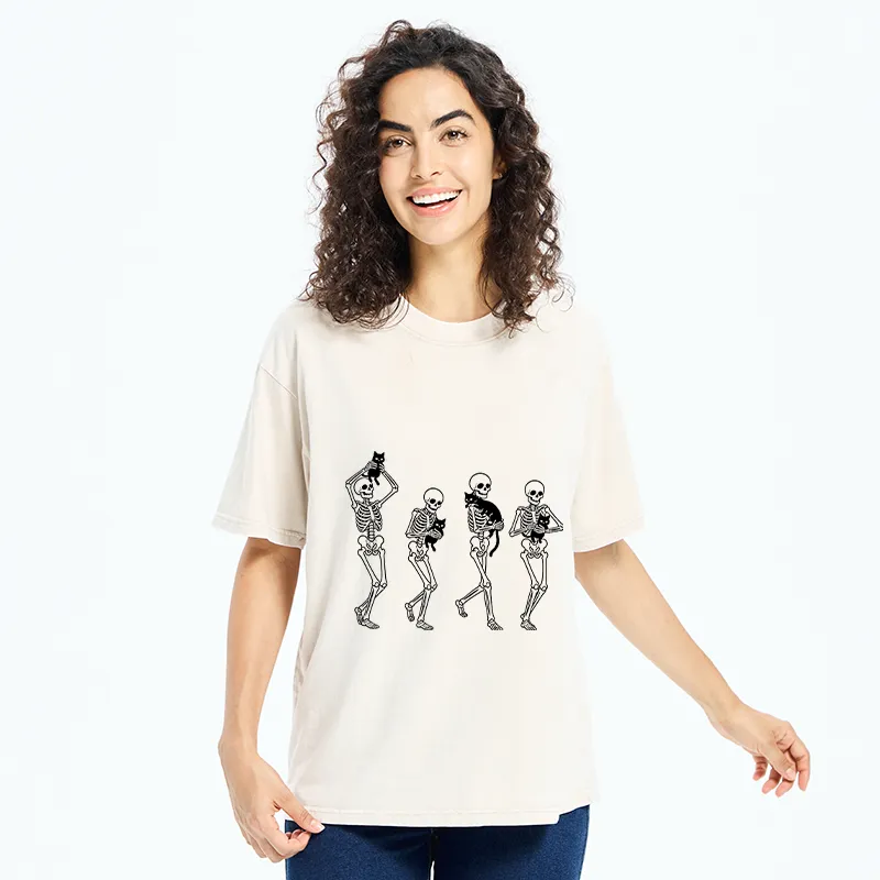Tokyo‑Tiger Funny Skeleton Cat Meme Washed T‑Shirt