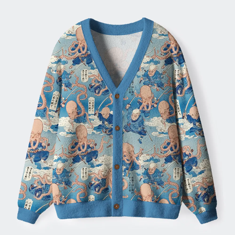 Tokyo-Tiger The Rise of the Octopus Samurai Ugly Cardigan Sweater