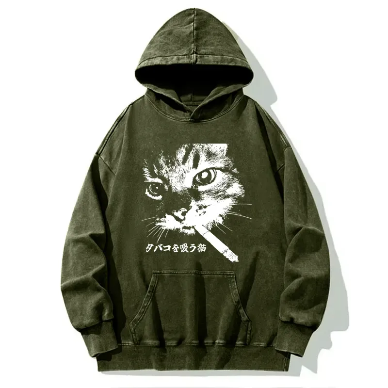 Tokyo-Tiger Retro Cat Smoking Washed Hoodie