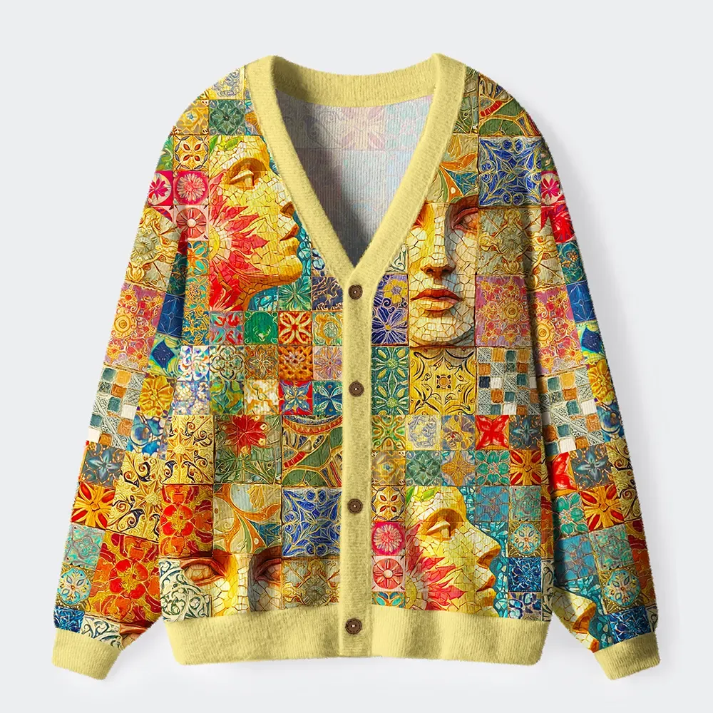 Tokyo-Tiger Mosaic Masterpiece: Faces And Patterns Ugly Cardigan Sweater
