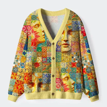 Tokyo-Tiger Mosaic Masterpiece: Faces And Patterns Ugly Cardigan Sweater