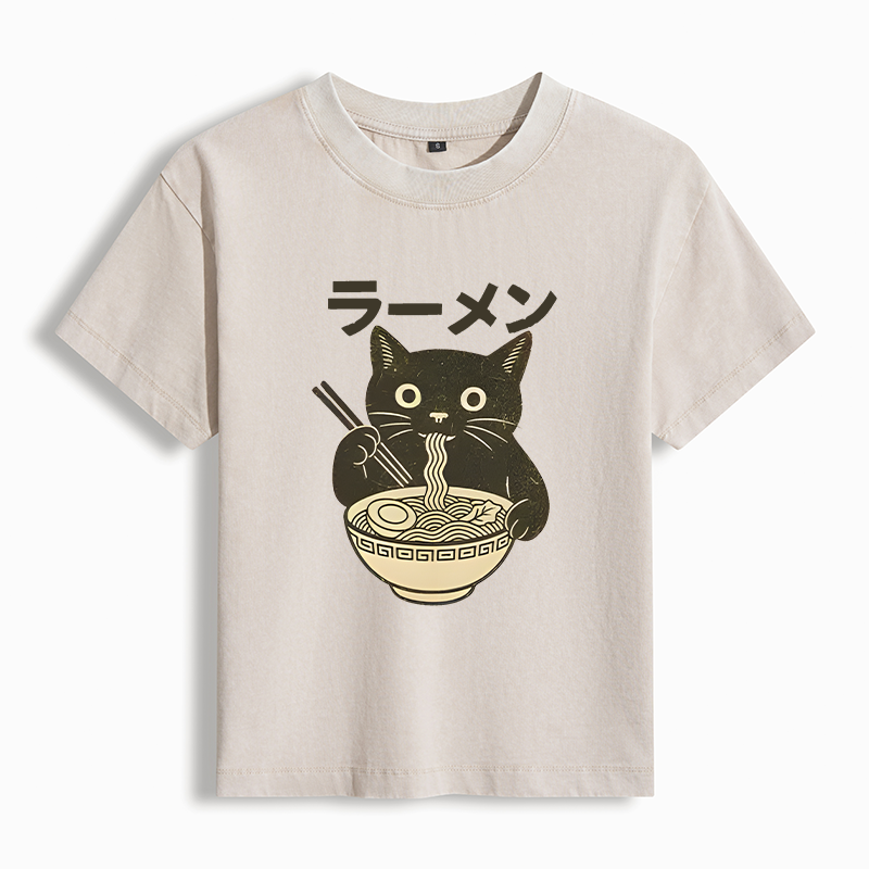 Tokyo-Tiger Simple Black Cat Eating Ramen Women's Washed T-shirt
