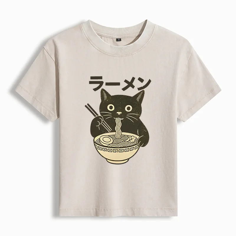 Tokyo-Tiger Simple Black Cat Eating Ramen Women's Washed T-shirt