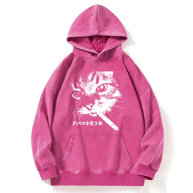 Tokyo-Tiger Retro Cat Smoking Washed Hoodie