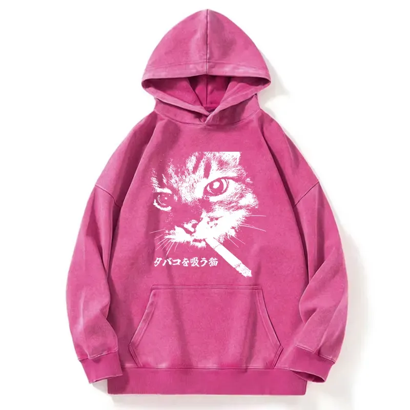 Tokyo-Tiger Retro Cat Smoking Washed Hoodie