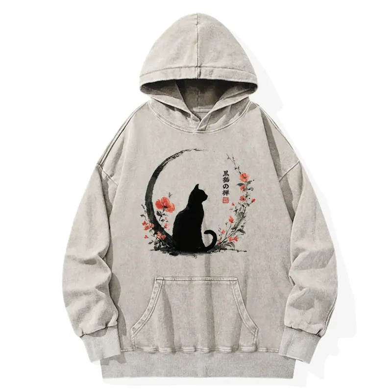 Tokyo-Tiger Black Cat And Flowers Washed Hoodie