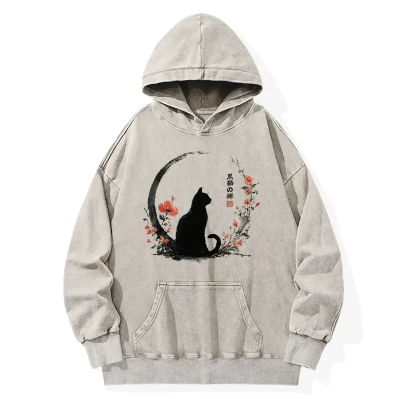 Tokyo-Tiger Black Cat And Flowers Washed Hoodie