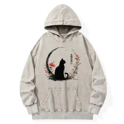 Tokyo-Tiger Black Cat And Flowers Washed Hoodie